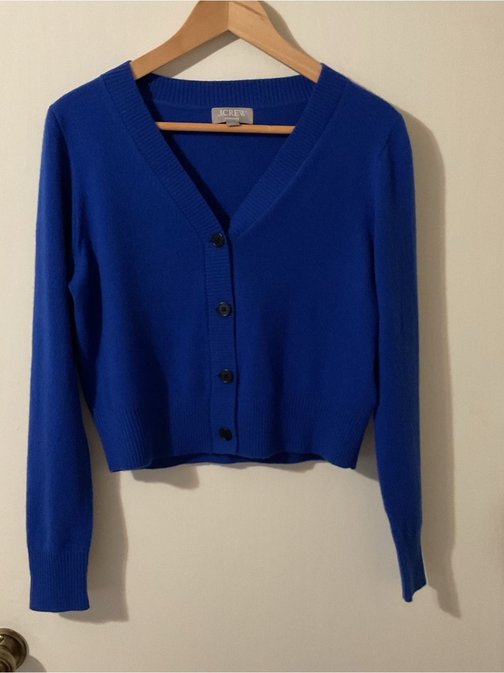 J. Crew 100% Cashmere Lightweight Luxury Cobalt Blue Cropped Cardigan Sweater M - Picture 2 of 16